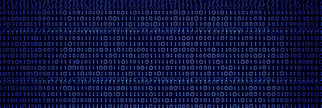 Binary code stream flowing on dark blue background