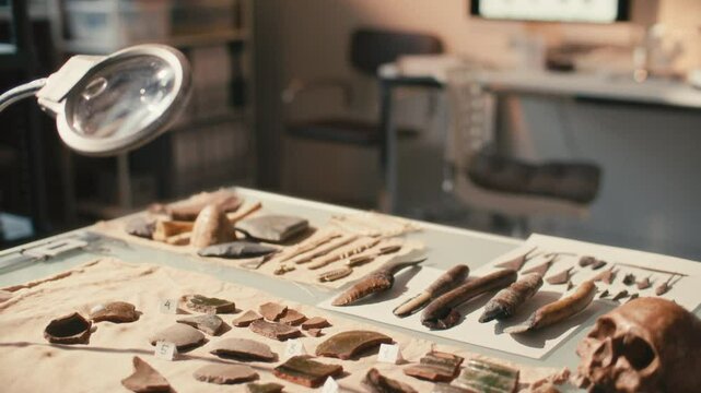 Desk with microscope and computer displaying skull images in laboratory with ancient artifacts arranged on table for archaeological research. Tilt-down shot, rack focus