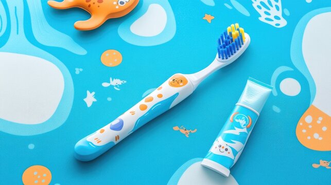 Colorful Toothbrush and Toothpaste on Blue Ocean-Themed Background