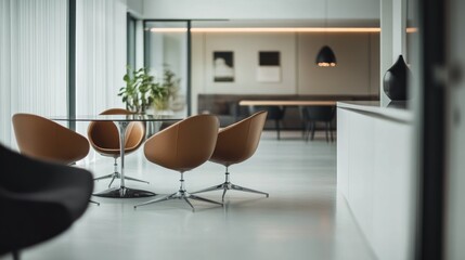 Fototapeta premium Modern minimalist dining room with leather chairs and glass table.
