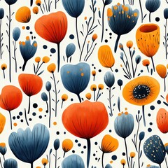 Fototapeta premium A vibrant and playful floral pattern featuring bright red, blue, and orange flowers on a soft cream background.