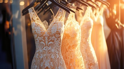 Obraz premium Elegant Lace Dresses Displayed in Soft Evening Glow with Hangars