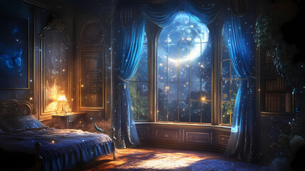 Obraz premium Enchanted bay window framing a celestial scene gossamer curtains billowing as stardust and moonbeams illuminate a mystical victorian bedroom. Moonbeam. Illustration