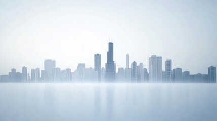 Naklejka premium Hazy city skyline reflected in calm water.