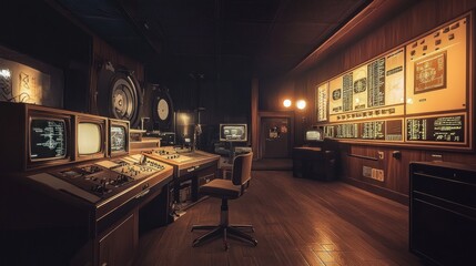 1960s mission control room, retro buttons, analog displays, and a vintage aesthetic 