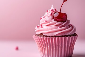 A decadent chocolate cupcake with pink frosting, topped with a glossy cherry and decorative sprinkles, set against a soft pink background.
