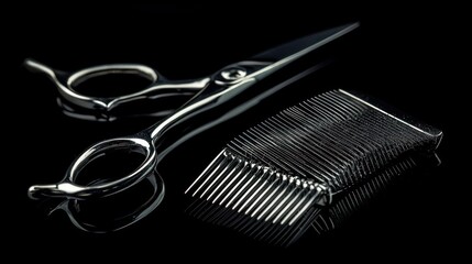 Professional hair cutting shears and comb on black background.
