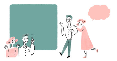 若い男女の全身とフリップを見て喜んでいる上半身のイラストセット