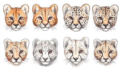 Fototapeta premium Eight cute cheetah cubs' faces, various coat patterns.