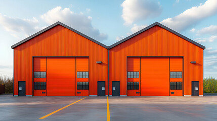 Obraz premium Two Orange Industrial Buildings with Large Doors, Modern Architectural Design, Situated on a Spacious Parking Lot Under a Bright Sunny Sky.