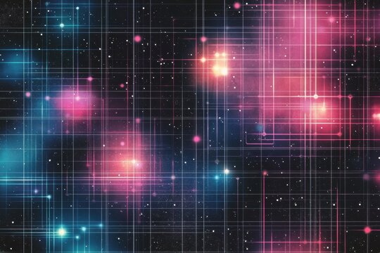 Retro 1990s grid pattern in vibrant neon colors against a dark cosmic background. Generative AI