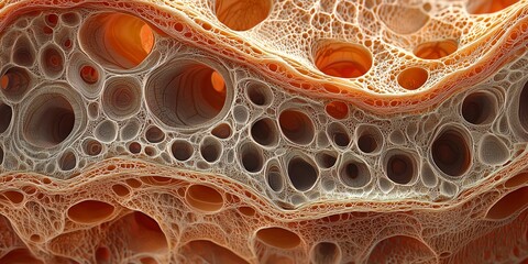 Detailed cross-section of plant stem, complex vascular bundles, cellular layers, microscopic patterns, structural details