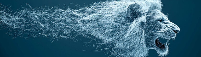 Obraz premium Majestic Lion's Roar, Abstract Wireframe Art, Digital Illustration of a Powerful Feline, Showing Strength and Majesty in a Sophisticated Design.