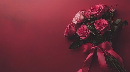 Elegant Bouquet of Pink Roses with Satin Ribbon on Red Background