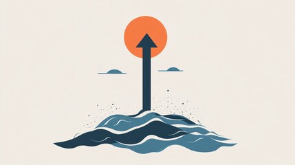 Fototapeta premium Rising arrow above waves, sun background.