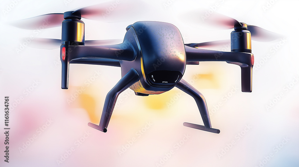 Poster Modern drone flying with rotating blades in motion blur