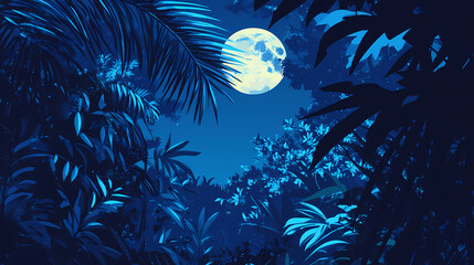 Blue moonlight filtering through the dense forest canopy, forest canopy, shadow. Moonbeam. Illustration