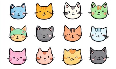 Twelve cute cartoon cat faces in various colors. (1)