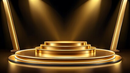 Luxury and futuristic stage gold podium award stage golden neon light. background luxury pedestal for product showcase and winner ceremony spotlight