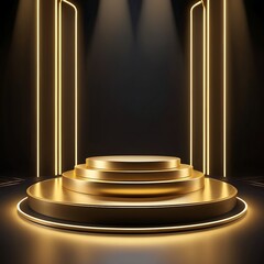 Luxury and futuristic stage gold podium award stage golden neon light. background luxury pedestal for product showcase and winner ceremony spotlight