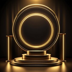Luxury and futuristic stage gold podium award stage golden neon light. background luxury pedestal for product showcase and winner ceremony spotlight