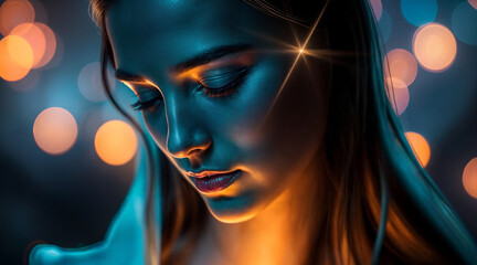 Dramatic portrait featuring woman's face illuminated by contrasting blue and orange lights with bokeh background effects
