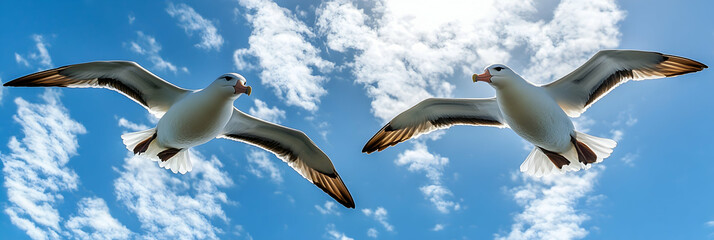 Fototapeta premium Two Seabirds Soar Through a Sunny Sky, Wings Spread Wide, Majestic Flight Displayed, Gracefully Above Clouds