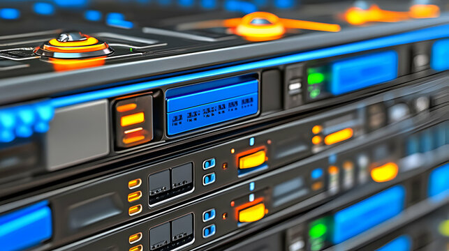 High-Tech Server Rack, Data Center Technology, Efficient Network Infrastructure, Powerful Computing System,  Secure Digital Storage, Advanced Processing Capabilities.