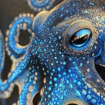 Detailed close-up of Blue Ring Octopus, electric blue patterns, textured skin, bioluminescent glow