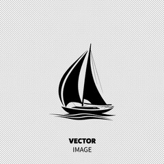 Stylized black and white illustration of a sailboat with billowing sails, gliding on tranquil waves.