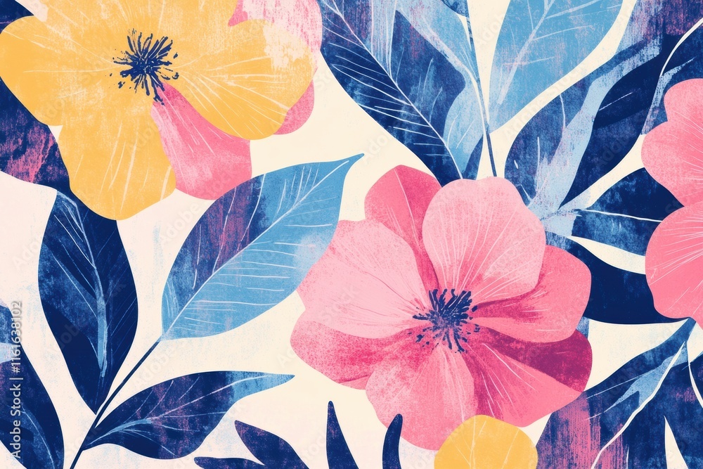 Aufkleber retro risograph inspired floral pattern with vibrant colors and abstract leaves. generative ai