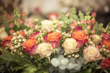 A vibrant bouquet of roses and flowers in soft hues.