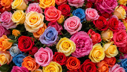 Colorful roses background. multi colorful roses close up.