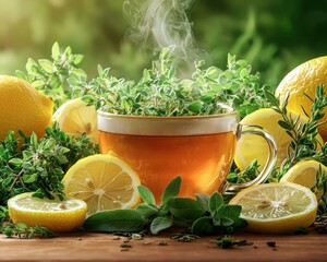 a steaming cup herbal tea surrounded by fresh herbs and lemon slices, symbolizing wellness and relaxation,