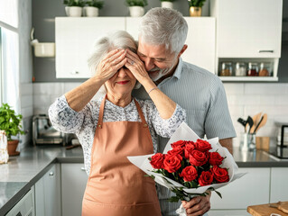 Valentine's Couple. A couple celebrating a special moment in a cozy kitchen with flowers.
