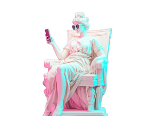 An ancient Greek sculpture of a woman sitting on a chair and holding her phone with sunglasses