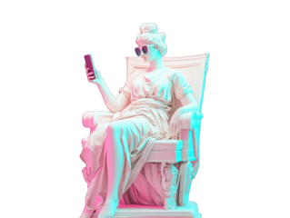 An ancient Greek sculpture of a woman sitting on a chair and holding her phone with sunglasses