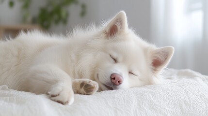 Fototapeta premium Adorable White Dog Napping Comfortably