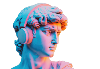 A Greek statue wearing headphones, with orange and blue tones