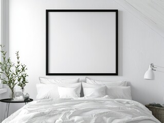 Cozy white interior featuring a black poster frame and stylish accessories for decor