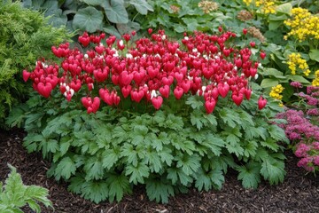 Naklejka premium Dicentra Valentine blooms in early summer with puffy dangling bright red heart shaped flowers featuring a white tip