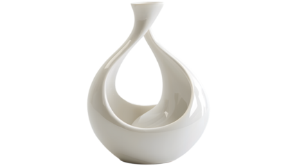 Contemporary white ceramic vase with a curving silhouette, designed for modern decor and floral arrangements. Isolated on a white background, PNG 
