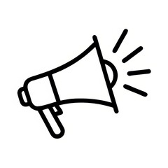 Minimalist black megaphone icon with sound lines on a white background