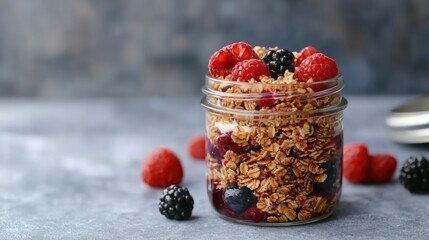 Delicious granola parfait with fresh berries and yogurt in a jar, perfect for breakfast or dessert,