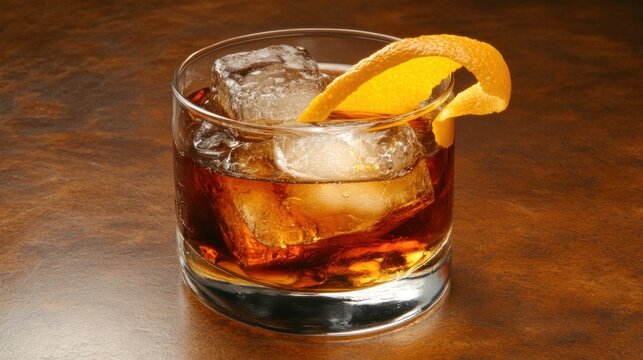 A classic Old Fashioned cocktail with a large ice cube, orange peel garnish, moody lighting 