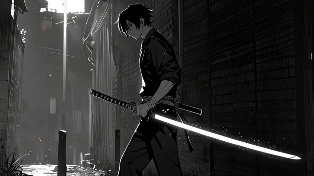 black anime aesthetic wallpaper laptop,Silent fighter with a glowing katana, standing in dense shadows

