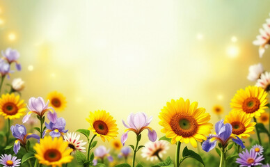 Obraz premium Sunflowers on a horizontal colorful yellow abstract art background with a place for text, top view
