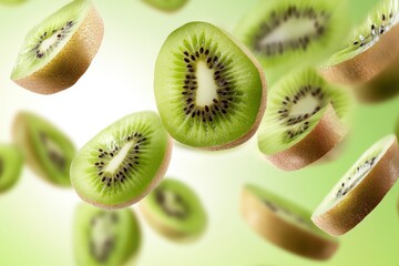 Fototapeta premium Fresh kiwi pieces soaring against a colorful backdrop