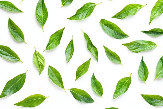 Fresh Lemon Verbena leaves displayed on a white background viewed from above