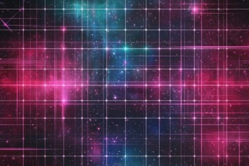 Retro grid pattern representing 1990s style with vibrant colors and starry background creating a nostalgic atmosphere. Generative AI
